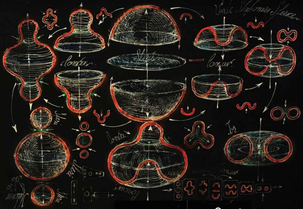 Kel draw Stages of transformation of sphere into energy circulation patterns showing the 2 D crosssections behind 3 D stages Rare Sacred Geometry Books from Romania Vesica Institute for Holistic Studies